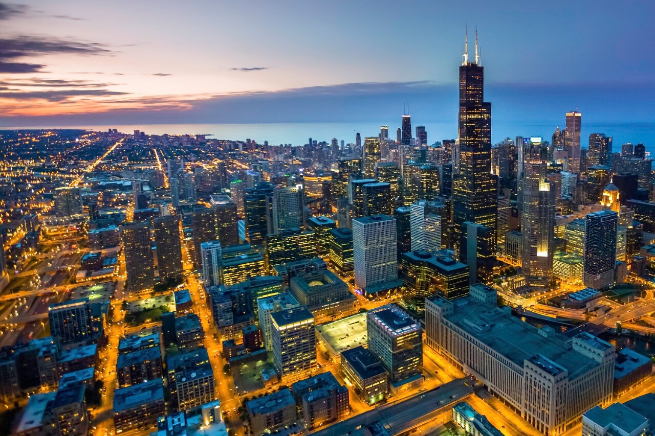 Chicago skyline aerial view at dusk