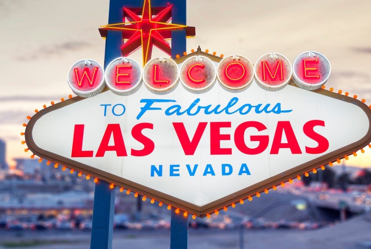 Welcome to Fabulous Las Vegas, Nevada Sign with casino scene in the background. The logo had been removed.